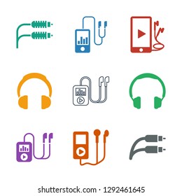 9 headphones icons. Trendy headphones icons white background. Included filled and line icons such as earphone wire, mp player, phone and earphones. headphones icon for web and mobile.