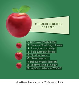 9 Health benefits of apple flat style template design, health benefits of eating apples, realistic red apples vector illustration design