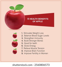 9 Health benefits of apple flat style template design, health benefits of eating apples, realistic red apples vector illustration