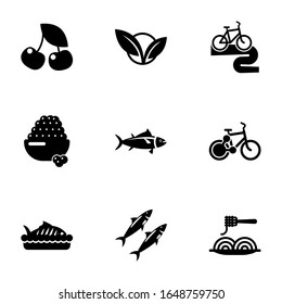 9 healthy filled icons set isolated on white background. Icons set with cherry, vegetarian, Bike tour, caviar, tuna, bike sharing, baked fish, sardine, Pasta icons.