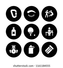 9 healthy icons in vector set. person fight punch, water, eye closed and mattress illustration for web and graphic design