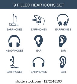 9 hear icons. Trendy hear icons white background. Included filled icons such as earphones, headphones, ear. hear icon for web and mobile.