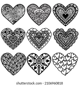 9 heart designs for laser cutting,papercut,hanger,ornament,engraving, valentines card, wedding invitation and so on. Vector illustration.