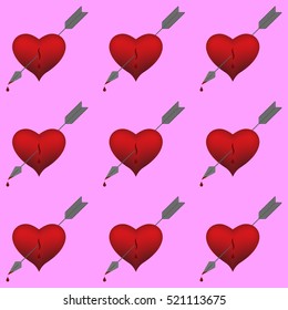 9 hearts pierced by an arrow. Valentine. dripping blood from the heart. pink background.