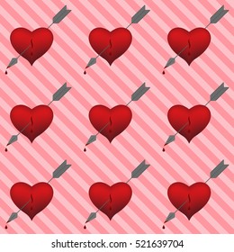 9 hearts pierced by an arrow. Happy Valentine's Day. dripping blood from the heart. pink striped background.