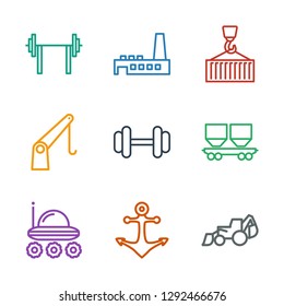 9 heavy icons. Trendy heavy icons white background. Included outline icons such as excavator, anchor, tractor, cargo wagon, barbell, cargo crane. heavy icon for web and mobile.