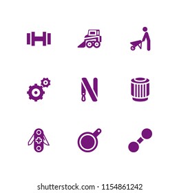9 heavy icons in vector set. hook, pan, gym and equipment illustration for web and graphic design