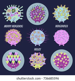 9 hedgehogs with ornaments of flowers, suns, crowns, houses, trees, hearts and geometric shapes, with the words "Hello" and "merry hedgehog" on blue background