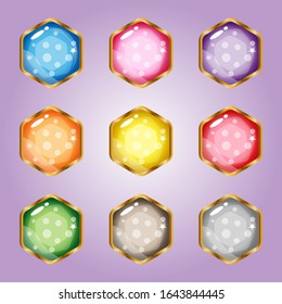 9 Hexagon gems button icons colorful glitter for websites or games.