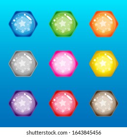 9 Iconos del botón de gemas de hexágono brillan colorido para sitios web o juegos.