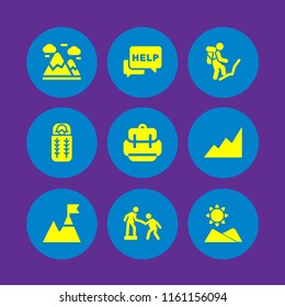 9 hiker icons in vector set. mountain, help, backpack and sleeping bag illustration for web and graphic design