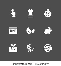 9 hipster icons in vector set. backpack, bunny, bar and listening illustration for web and graphic design