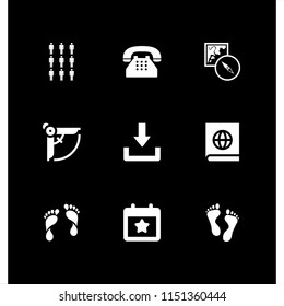 9 history icons in vector set. map, nine, human footprints and old typical phone illustration for web and graphic design