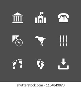 9 history icons in vector set. map and compass orientation tools, old typical phone, historic and dinosaur illustration for web and graphic design