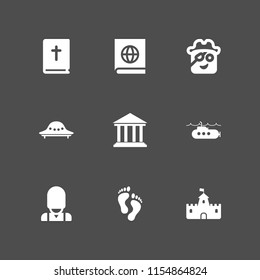 9 history icons in vector set. human footprints, pirate, christ and submarine illustration for web and graphic design