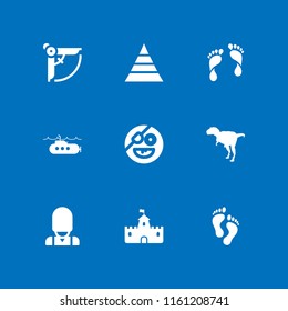 9 history icons in vector set. submarine, human footprints, pyramid and dinosaur illustration for web and graphic design