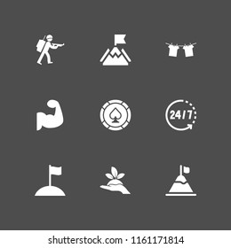 9 hold icons in vector set. help, clothes hanging on rope for drying, mission and gun illustration for web and graphic design