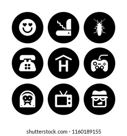 9 home icons in vector set. in love, television, gamepad and cockroach illustration for web and graphic design