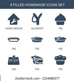 9 homemade icons. Trendy homemade icons white background. Included filled icons such as home repair, sligshot, pie. homemade icon for web and mobile.