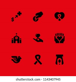 9 hope icon set with hand holding a heart, candle and donation vector illustration for graphic design and web