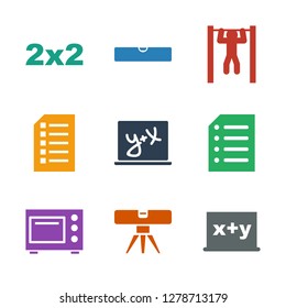 9 horizontal icons. Trendy horizontal icons white background. Included filled icons such as blackboard x y, level ruler, microwave, paper. horizontal icon for web and mobile.