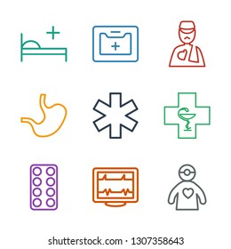 9 hospital icons. Trendy hospital icons white background. Included outline icons such as doctor with medical reflector, heartbeat, pill, pharmacy. hospital icon for web and mobile.