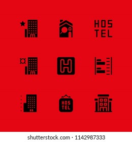 9 hostel icon set with bunk, hostel and hotel vector illustration for graphic design and web