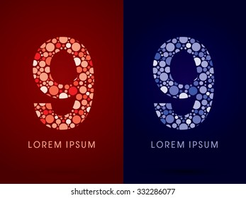 9 ,hot and cool font, designed using red and blue dot graphic vector.