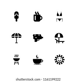9 hot icons in vector set. hot coffee rounded cup on a plate from side view, bikini, beach and bbq illustration for web and graphic design