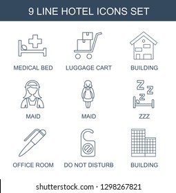 9 hotel icons. Trendy hotel icons white background. Included line icons such as medical bed, luggage cart, building, maid, zzz, office room, do not disturb. hotel icon for web and mobile.