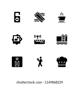 9 hotel icons in vector set. vacations, cook, wifi and hostel illustration for web and graphic design