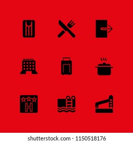 9 hotel icons in vector set. restaurant, cook, swimming pool and exit illustration for web and graphic design