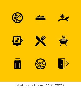 9 hotel icons in vector set. exit, vacations, cook and suitcase illustration for web and graphic design