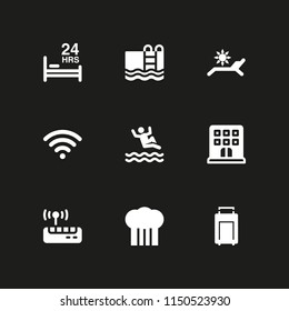 9 hotel icons in vector set. wifi, hostel, suitcase and chef illustration for web and graphic design