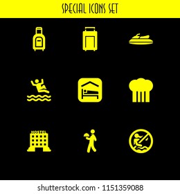 9 hotel icons in vector set. suitcase, hostel, vacations and waiter illustration for web and graphic design