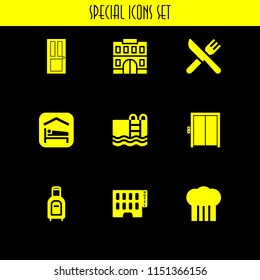 9 hotel icons in vector set. elevator, door, hostel and accomodation illustration for web and graphic design