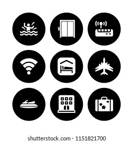 9 hotel icons in vector set. trip luggage, accomodation, elevator and wifi illustration for web and graphic design