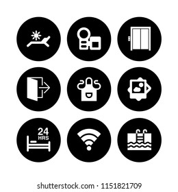 9 hotel icons in vector set. swimming pool, vacations, exit and bed illustration for web and graphic design