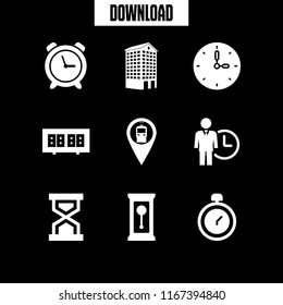 9 hour vector icon set with businessman and a clock, alarm clock, wall clock and train satation location icons for mobile and web