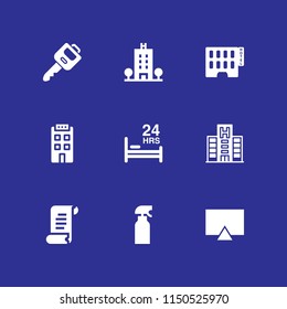 9 house icons in vector set. spray, key, bill and hotel building illustration for web and graphic design