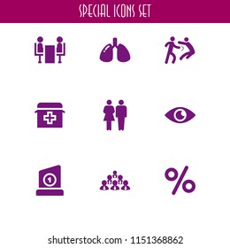 9 human icons in vector set. discount, eye, person fight punch and family of heterosexual couple illustration for web and graphic design