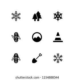 9 ice icons in vector set. cone, switzerland, mountains inside a circle and snowflake shape illustration for web and graphic design