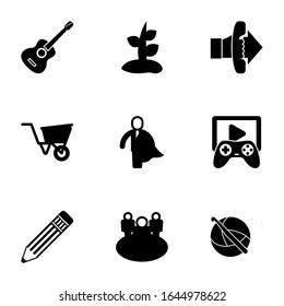 9 Icon Filled Icons Set Isolated On White Background. Icons Set With Guitar Playing, Plant, Call To Action, Wheelbarrow, Business Hero, Game Streaming, Pencil, Team, Crochet Icons.