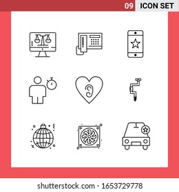 9 símbolos de esquema de estilo de línea de paquete de iconos en fondo blanco. Sencillos signos para el diseño general.
