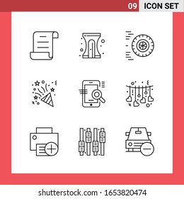 9 símbolos de esquema de estilo de línea de paquete de iconos en fondo blanco. Sencillos signos para el diseño general.