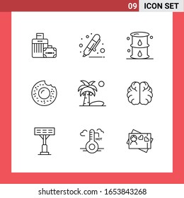 9 símbolos de esquema de estilo de línea de paquete de iconos en fondo blanco. Sencillos signos para el diseño general.
