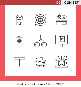 9 símbolos de esquema de estilo de línea de paquete de iconos en fondo blanco. Sencillos signos para el diseño general.
