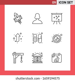 9 símbolos de esquema de estilo de línea de paquete de iconos en fondo blanco. Sencillos signos para el diseño general.