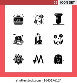 9 Icon Pack Solid Style Glyph Symbols on White Background. Simple Signs for general designing.