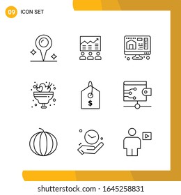  9 Conjunto de iconos. Paquete de iconos de estilo de línea. Símbolos de esquema aislados en el fondo blanco para diseño de sitio web responsable.